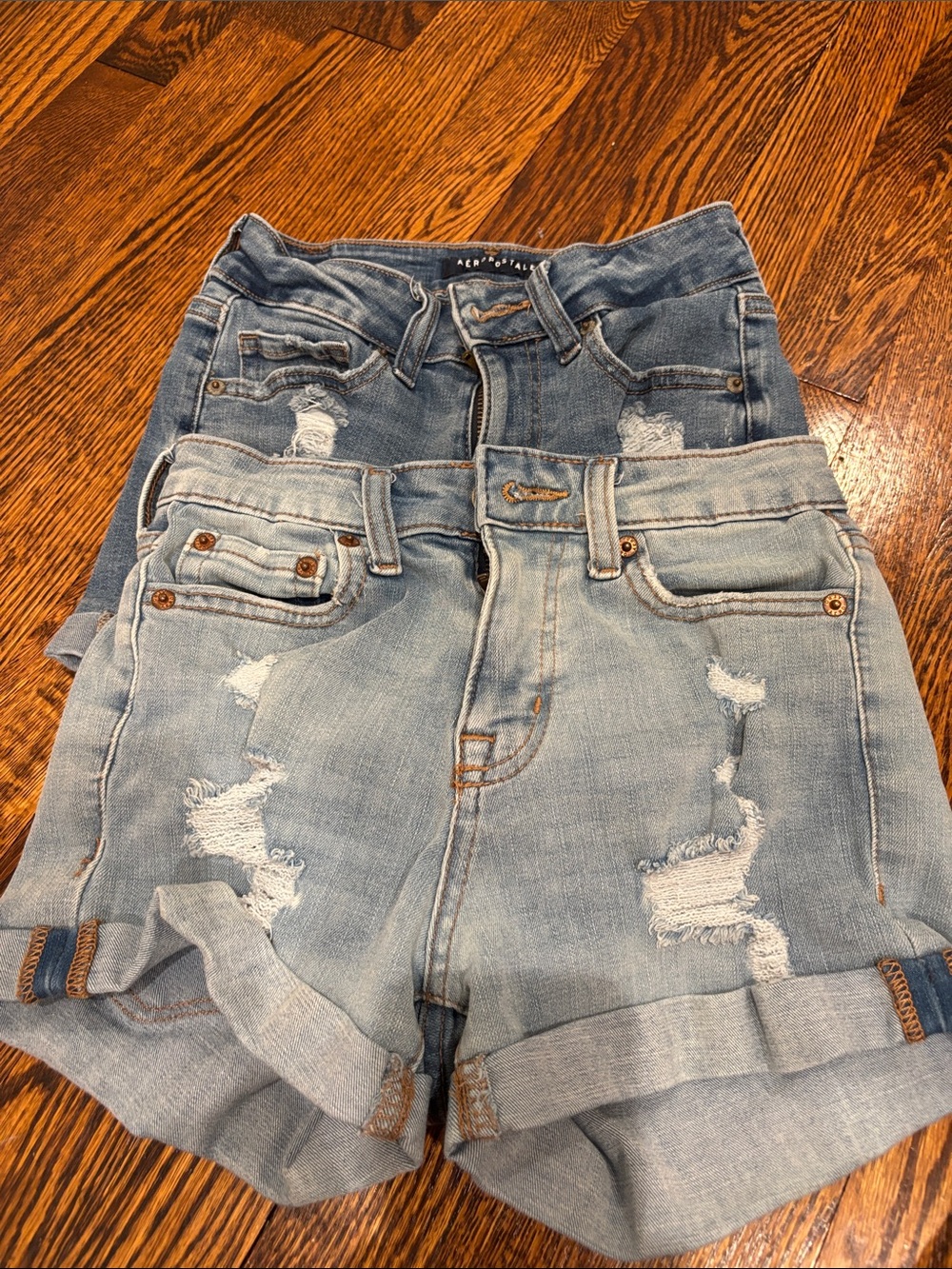 Aeropostale Light Blue & Medium Blue Distressed High-Waist Denim Shorts